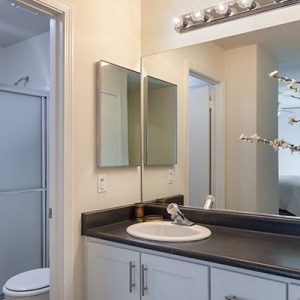 Model unit bathroom decorated in a modern style