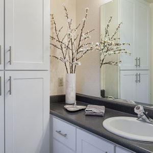 Model unit bathroom decorated in a modern style